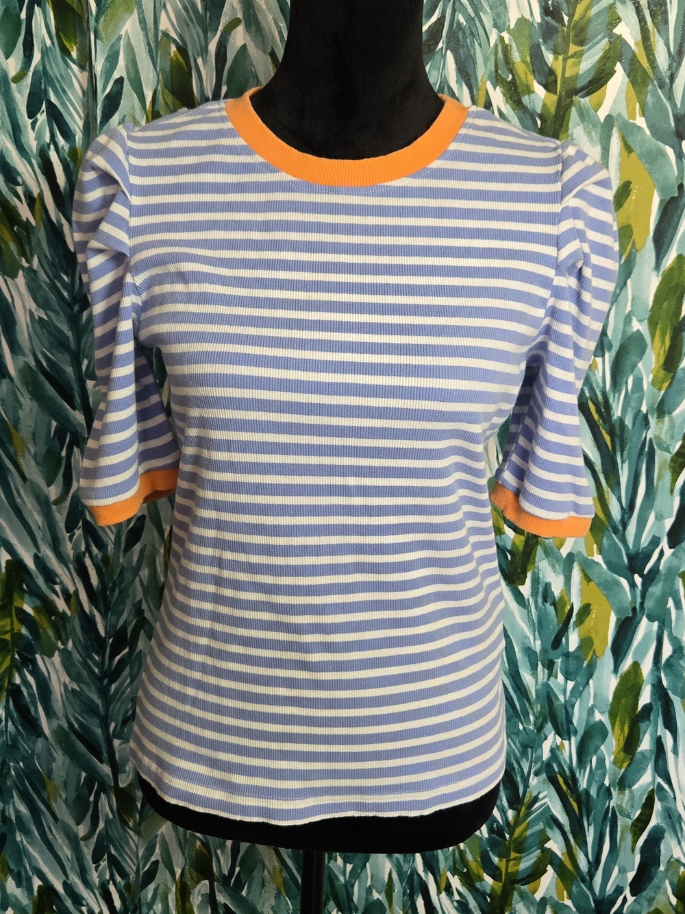 Rebecca Minkoff Blue and White Striped Tee with Orange Trim